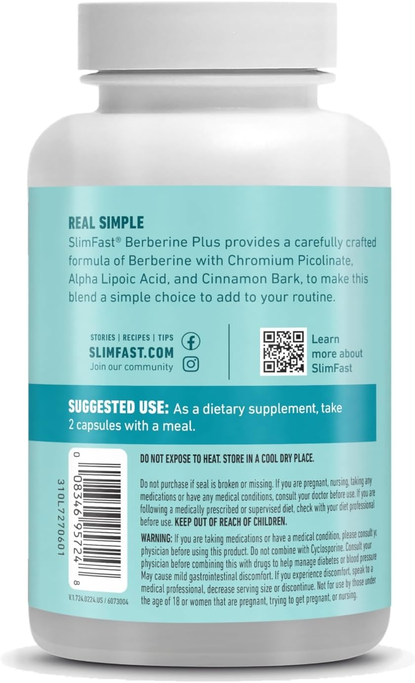 image:imageSlimFast Berberine Plus Capsules Berberine Supplement with Berberine hcl Chromium Picolinate Alpha Lipoic Acid and Cinnamon Bark 60 Count 30 Servings