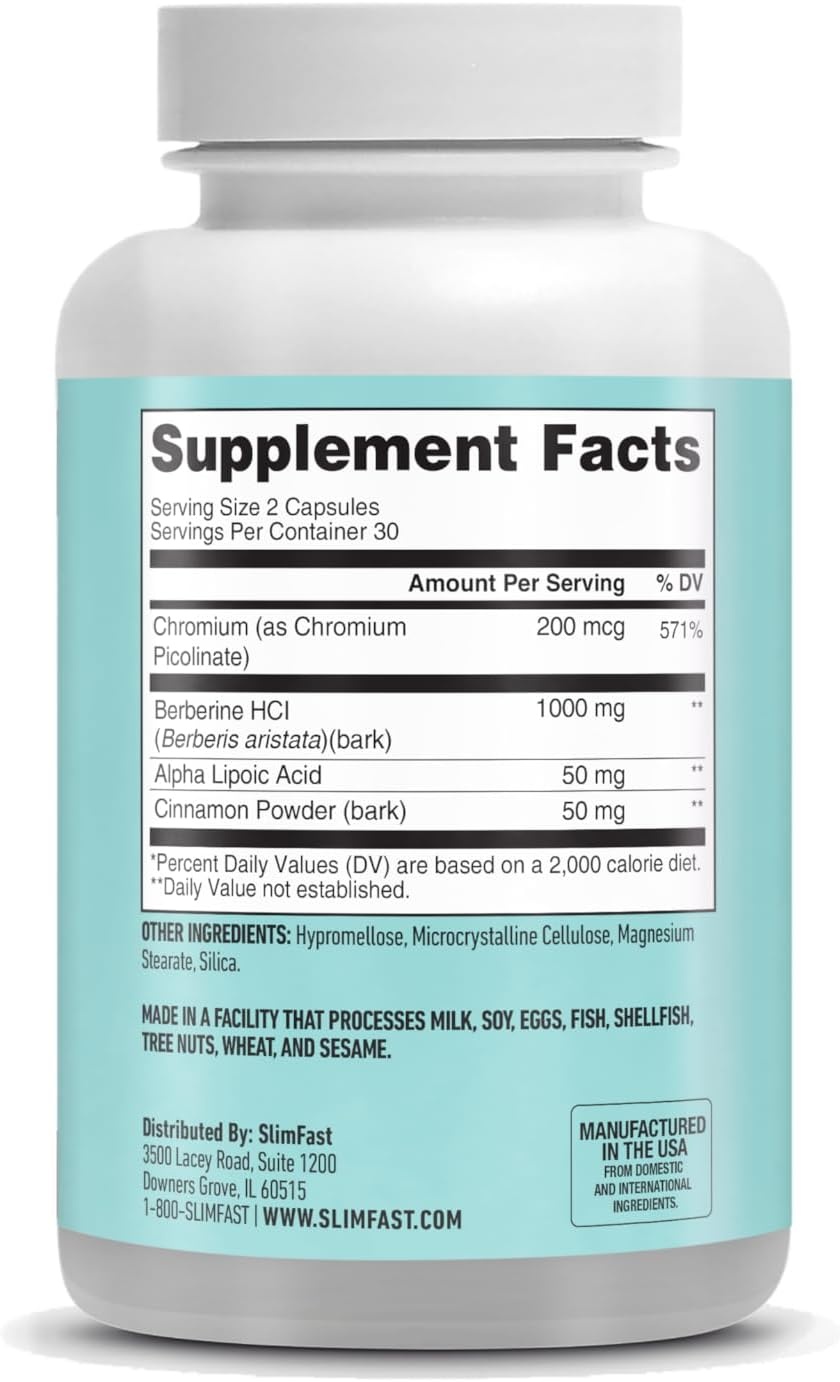 image:imageSlimFast Berberine Plus Capsules Berberine Supplement with Berberine hcl Chromium Picolinate Alpha Lipoic Acid and Cinnamon Bark 60 Count 30 Servings