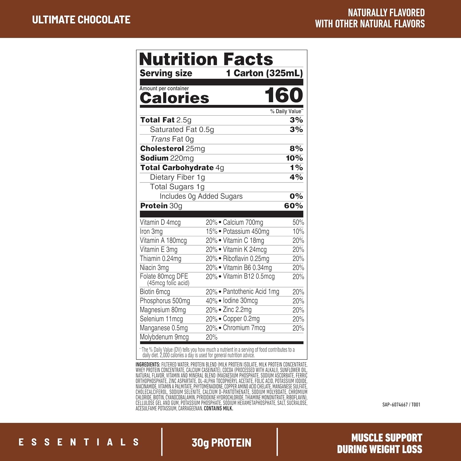 image:imageSlimFast Essentials 30g Protein Shake Chocolate Protein Shakes Ready to Drink Muscle Support 1g Sugar 25 Vitamins and Minerals 3g Net Carbs Ultimate Chocolate 12 CountUltimate Chocolate