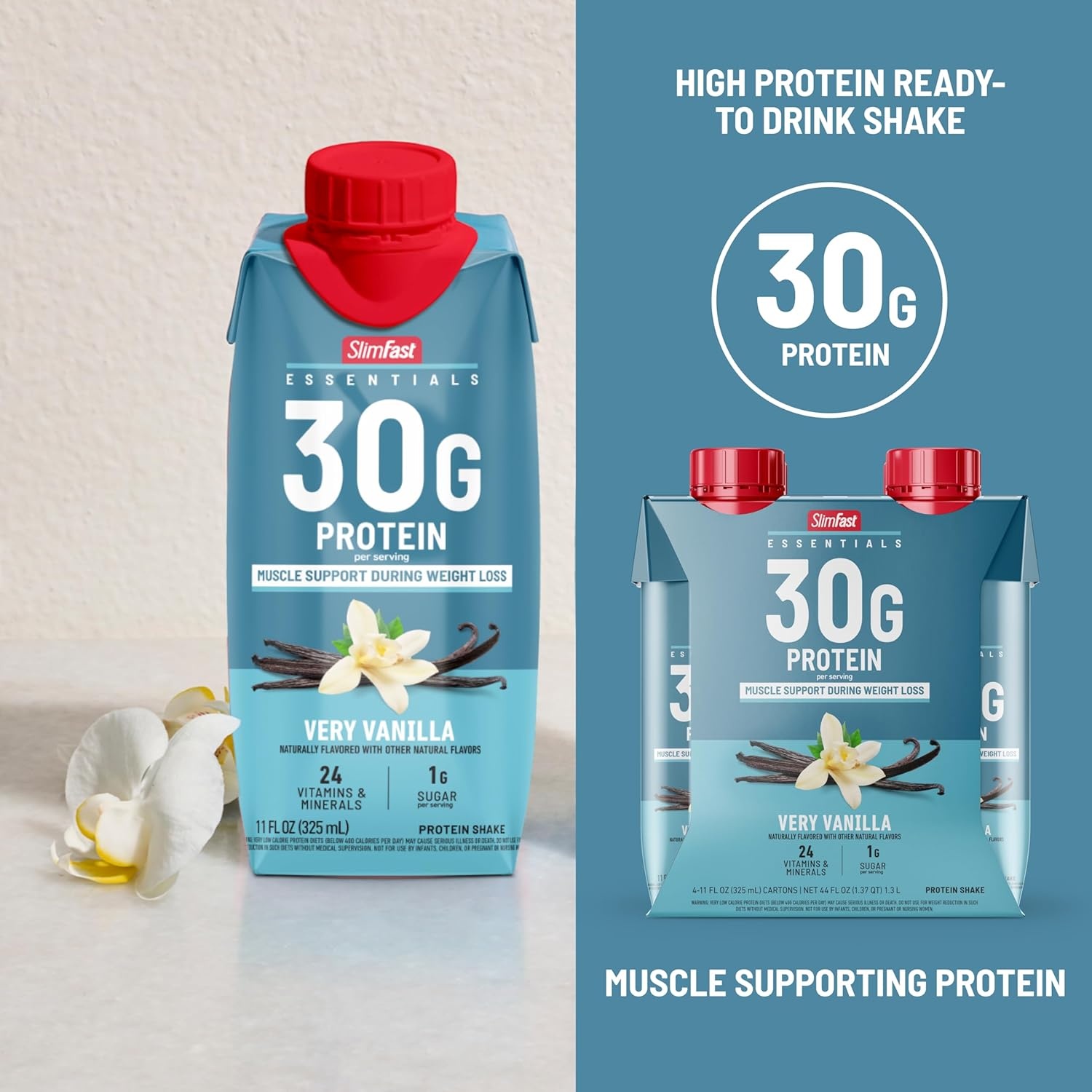 image:imageSlimFast Essentials 30g Protein Shake Chocolate Protein Shakes Ready to Drink Muscle Support 1g Sugar 25 Vitamins and Minerals 3g Net Carbs Ultimate Chocolate 12 CountVanilla