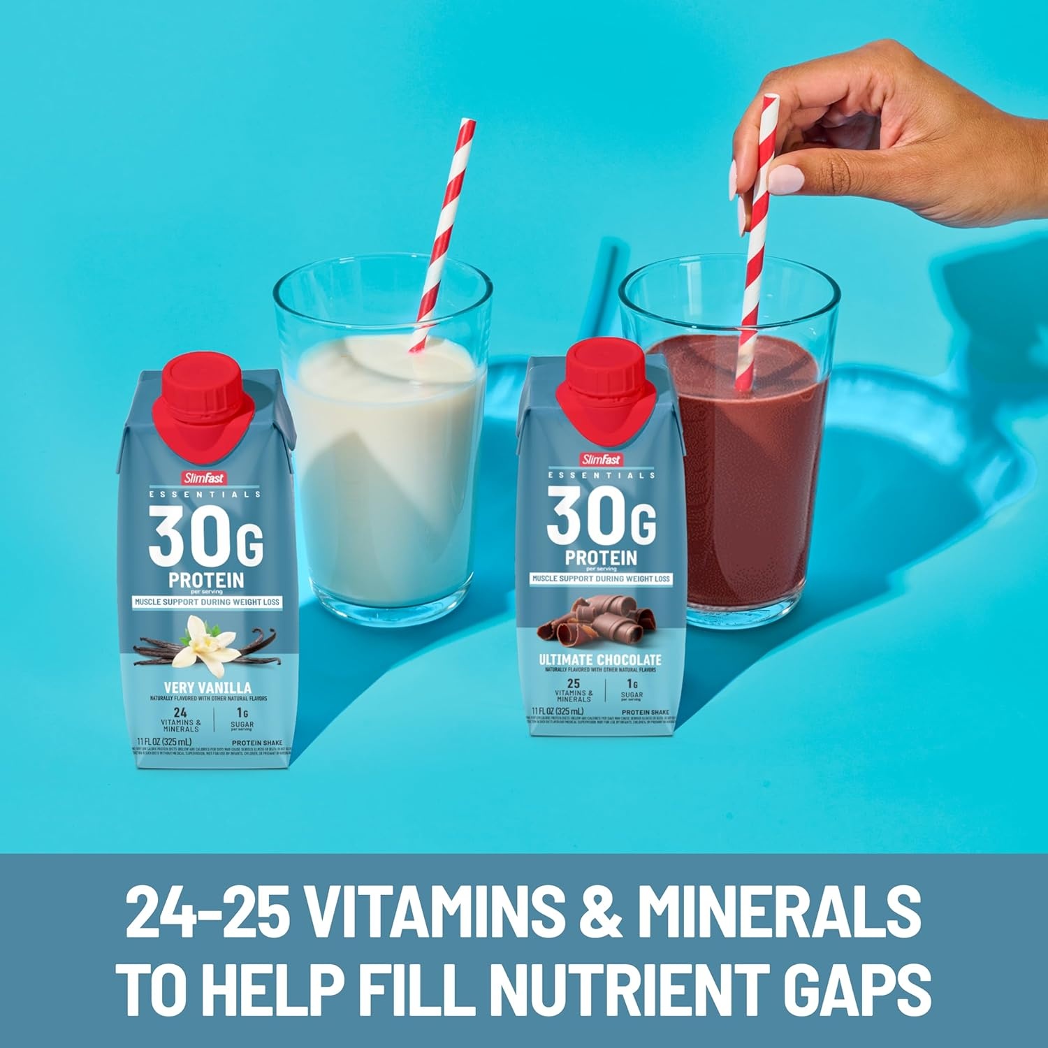 image:imageSlimFast Essentials 30g Protein Shake Chocolate Protein Shakes Ready to Drink Muscle Support 1g Sugar 25 Vitamins and Minerals 3g Net Carbs Ultimate Chocolate 12 CountVanilla