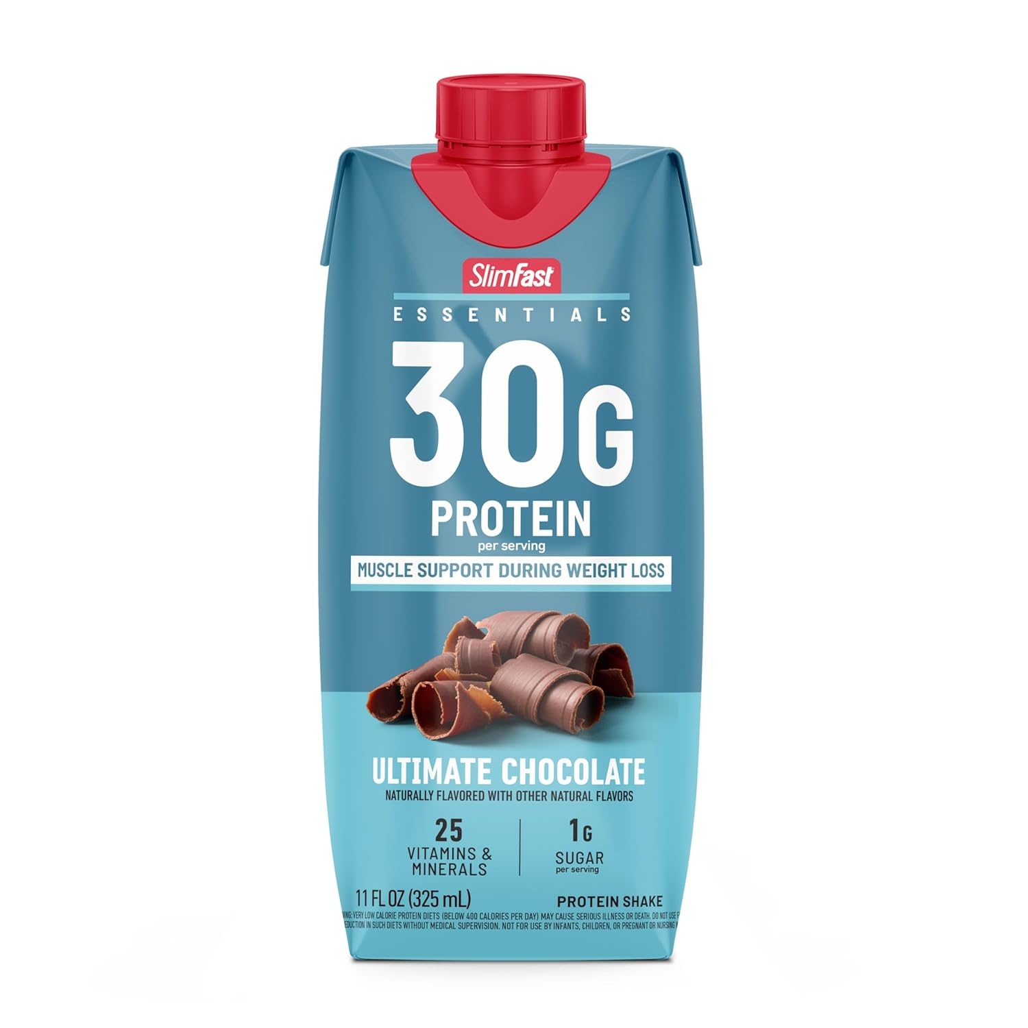 image:imageSlimFast Essentials 30g Protein Shake Chocolate Protein Shakes Ready to Drink Muscle Support 1g Sugar 25 Vitamins and Minerals 3g Net Carbs Ultimate Chocolate 12 CountUltimate Chocolate