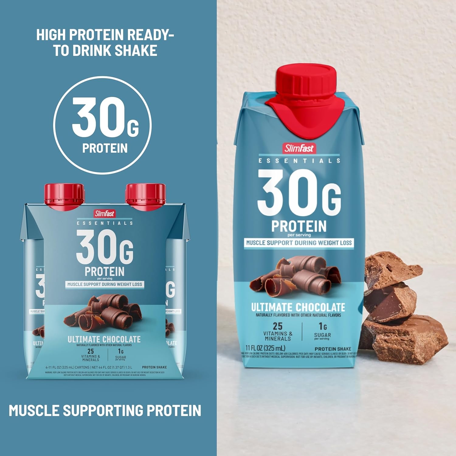 image:imageSlimFast Essentials 30g Protein Shake Chocolate Protein Shakes Ready to Drink Muscle Support 1g Sugar 25 Vitamins and Minerals 3g Net Carbs Ultimate Chocolate 12 CountUltimate Chocolate