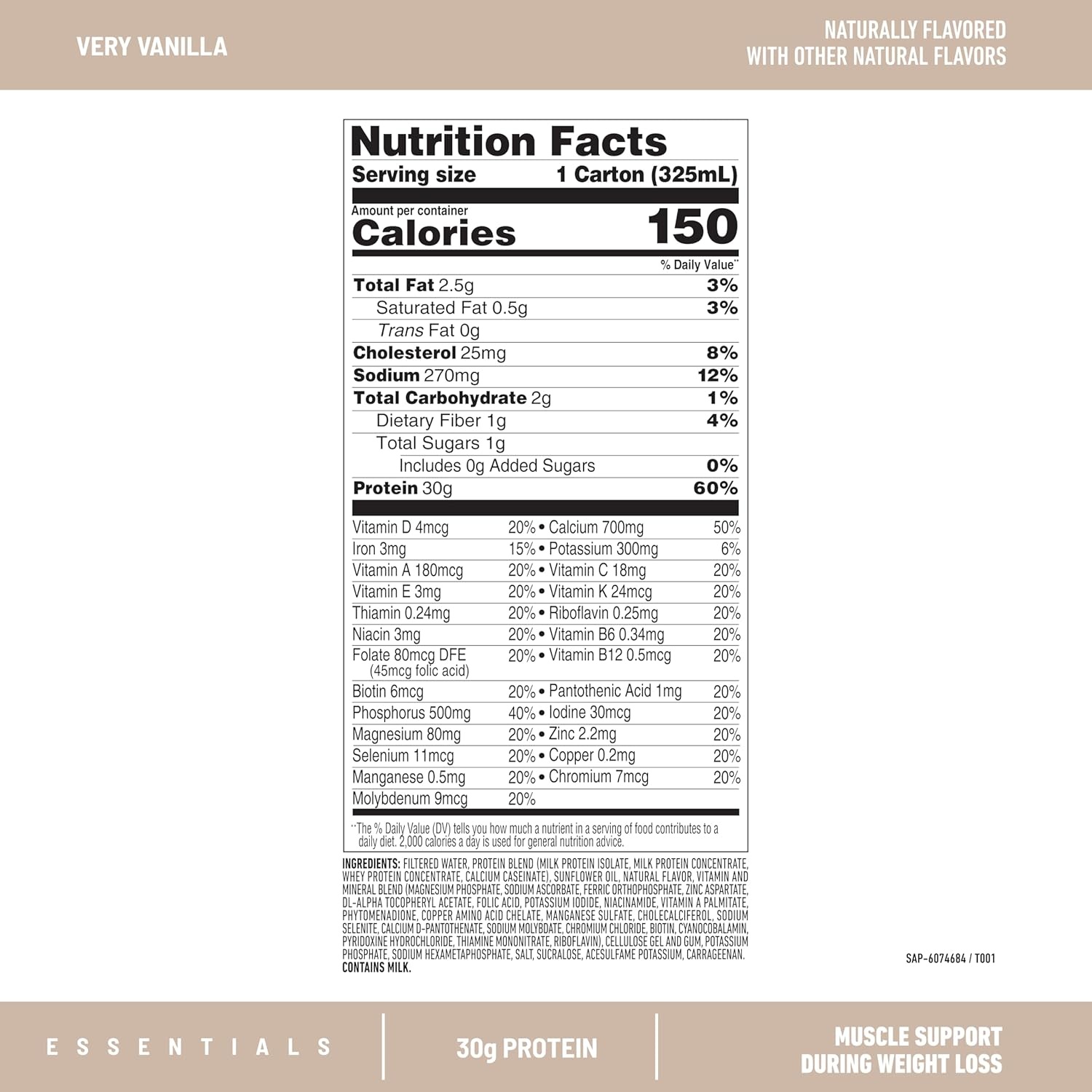 image:imageSlimFast Essentials 30g Protein Shake Chocolate Protein Shakes Ready to Drink Muscle Support 1g Sugar 25 Vitamins and Minerals 3g Net Carbs Ultimate Chocolate 12 CountVanilla