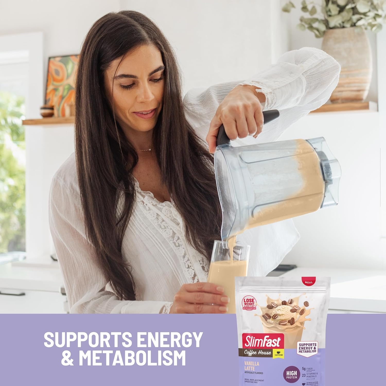 image:imageSlimFast High Protein Smoothie Mix Plus Fruit Powder High Protein Meal Replacement Powder Fiber Vitamin C 21 Servings 129 Pounds Triple Berry Vanilla Packaging May VaryVanilla Latte
