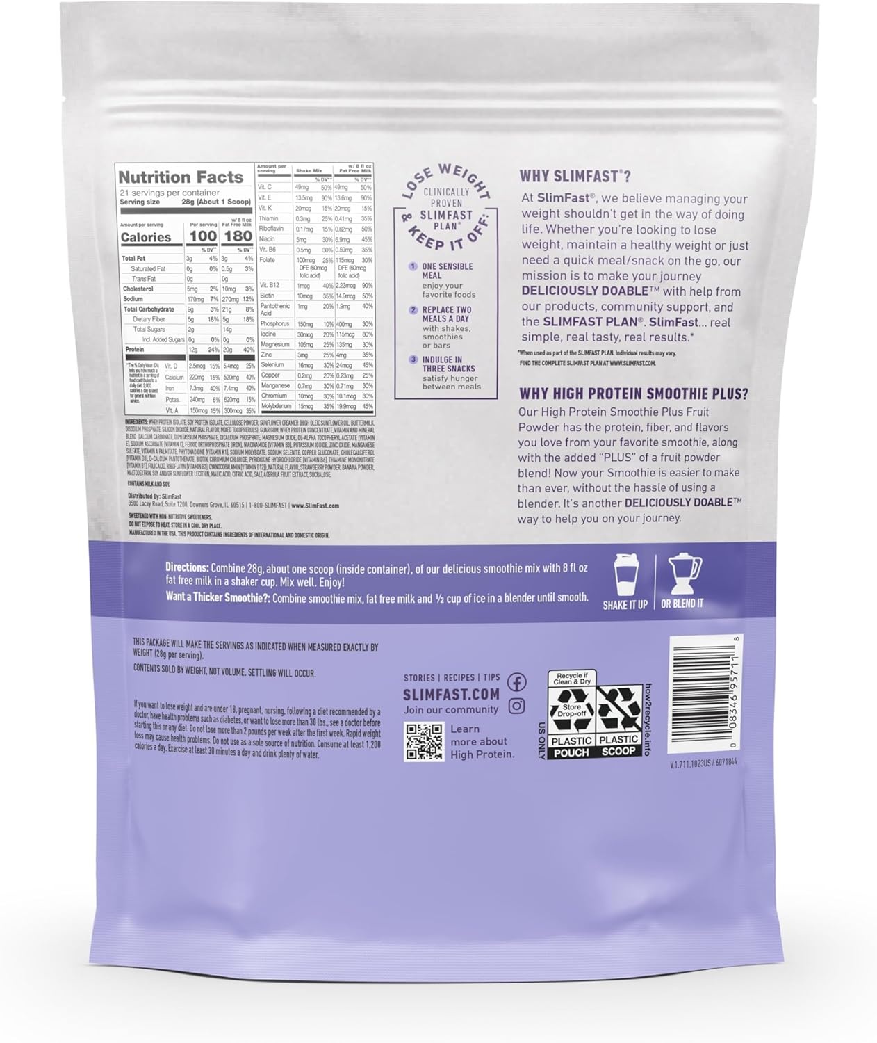 image:imageSlimFast High Protein Smoothie Mix Plus Fruit Powder High Protein Meal Replacement Powder Fiber Vitamin C 21 Servings 129 Pounds Triple Berry Vanilla Packaging May VaryStrawberry Banana