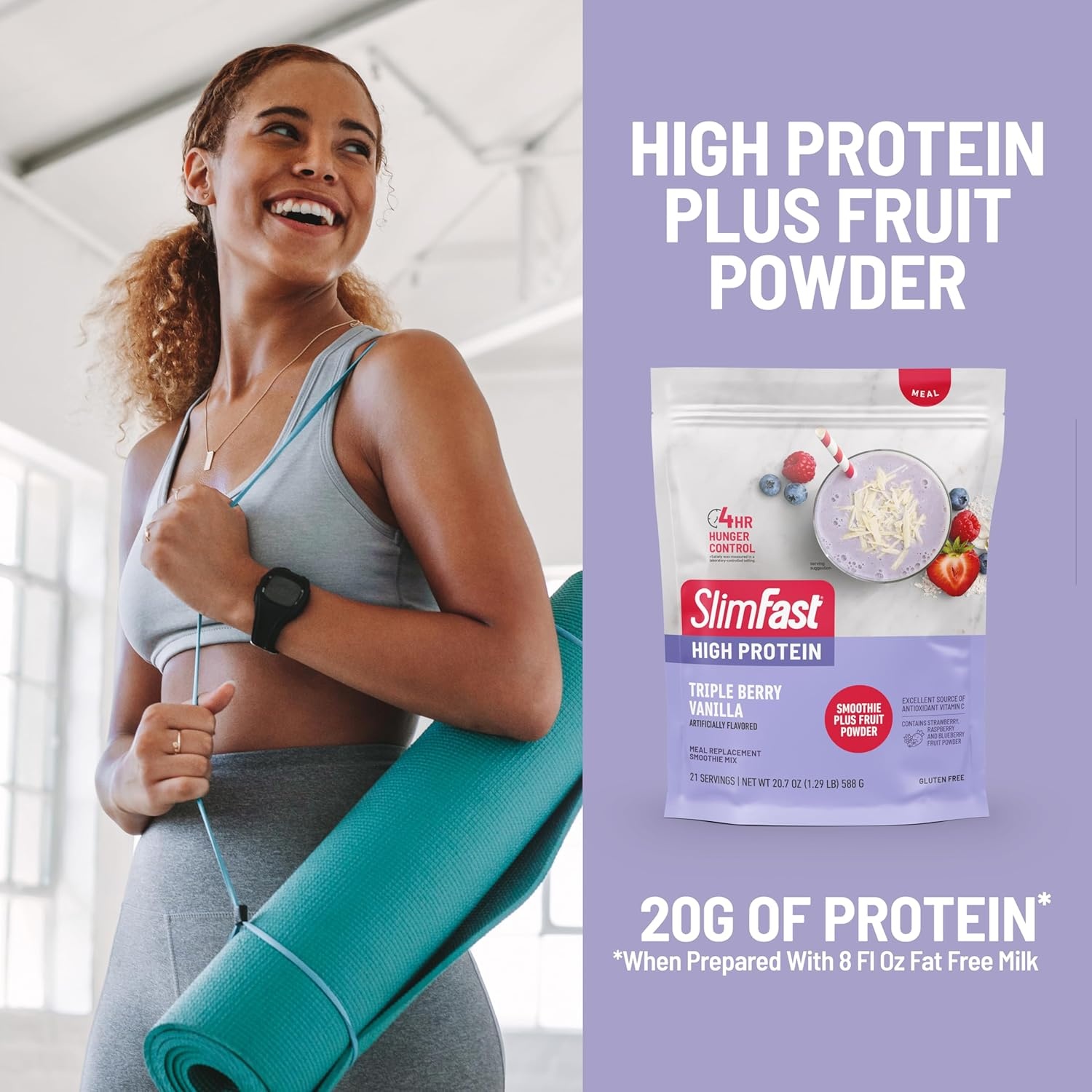 image:imageSlimFast High Protein Smoothie Mix Plus Fruit Powder High Protein Meal Replacement Powder Fiber Vitamin C 21 Servings 129 Pounds Triple Berry Vanilla Packaging May VaryTriple Berry Vanilla