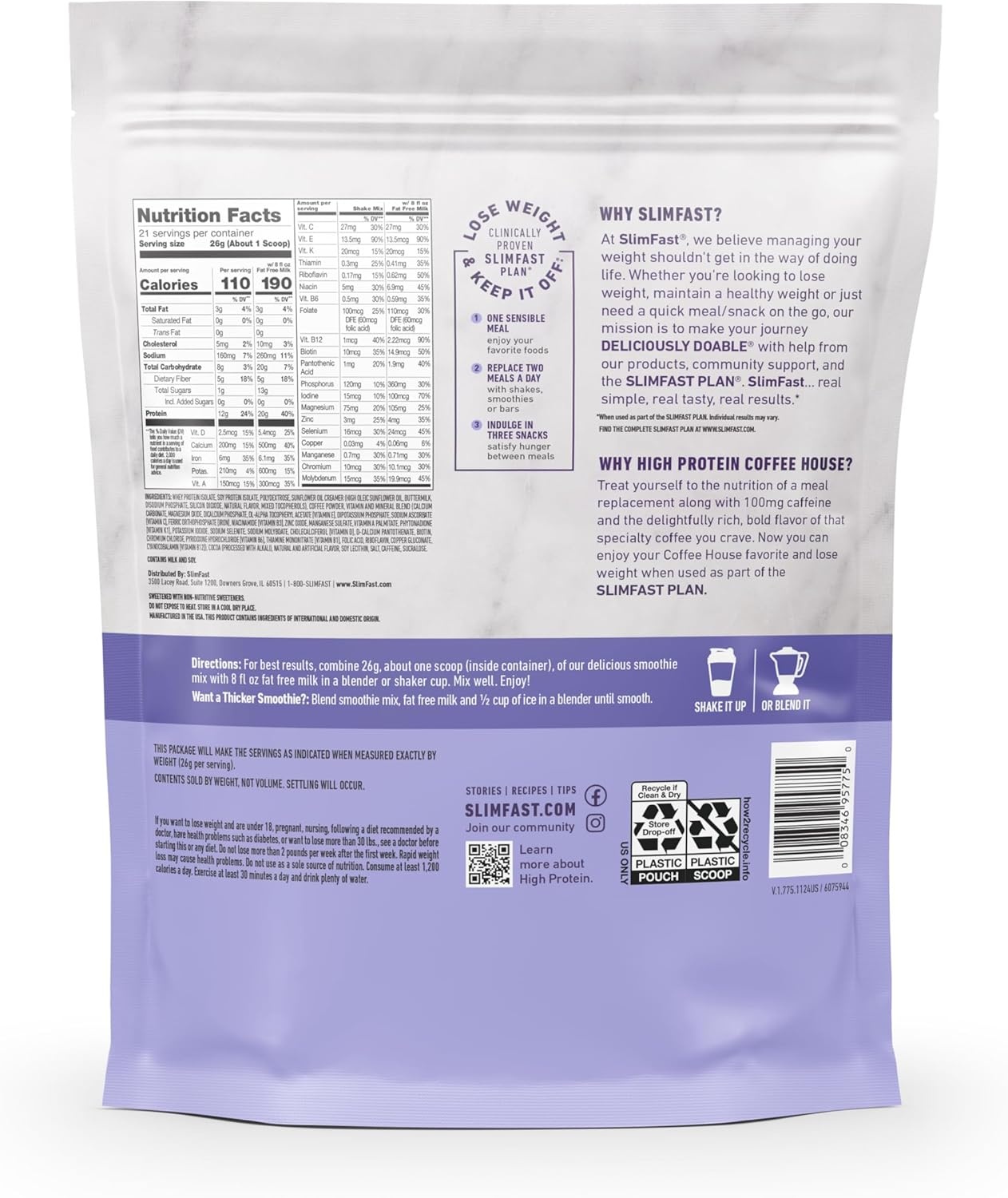 image:imageSlimFast High Protein Smoothie Mix Plus Fruit Powder High Protein Meal Replacement Powder Fiber Vitamin C 21 Servings 129 Pounds Triple Berry Vanilla Packaging May VaryVanilla Latte