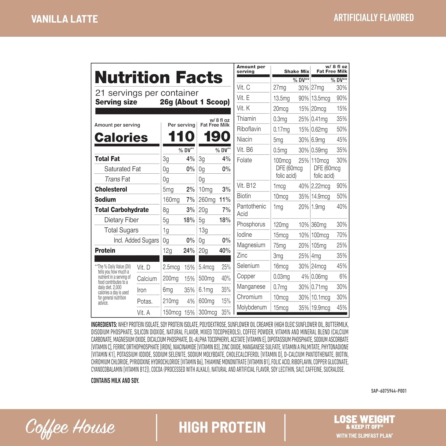 image:imageSlimFast High Protein Smoothie Mix Plus Fruit Powder High Protein Meal Replacement Powder Fiber Vitamin C 21 Servings 129 Pounds Triple Berry Vanilla Packaging May VaryVanilla Latte