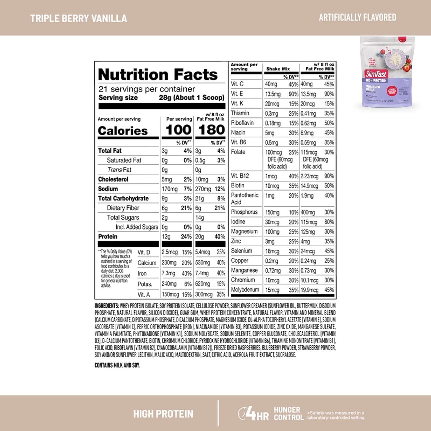 image:imageSlimFast High Protein Smoothie Mix Plus Fruit Powder High Protein Meal Replacement Powder Fiber Vitamin C 21 Servings 129 Pounds Triple Berry Vanilla Packaging May VaryTriple Berry Vanilla