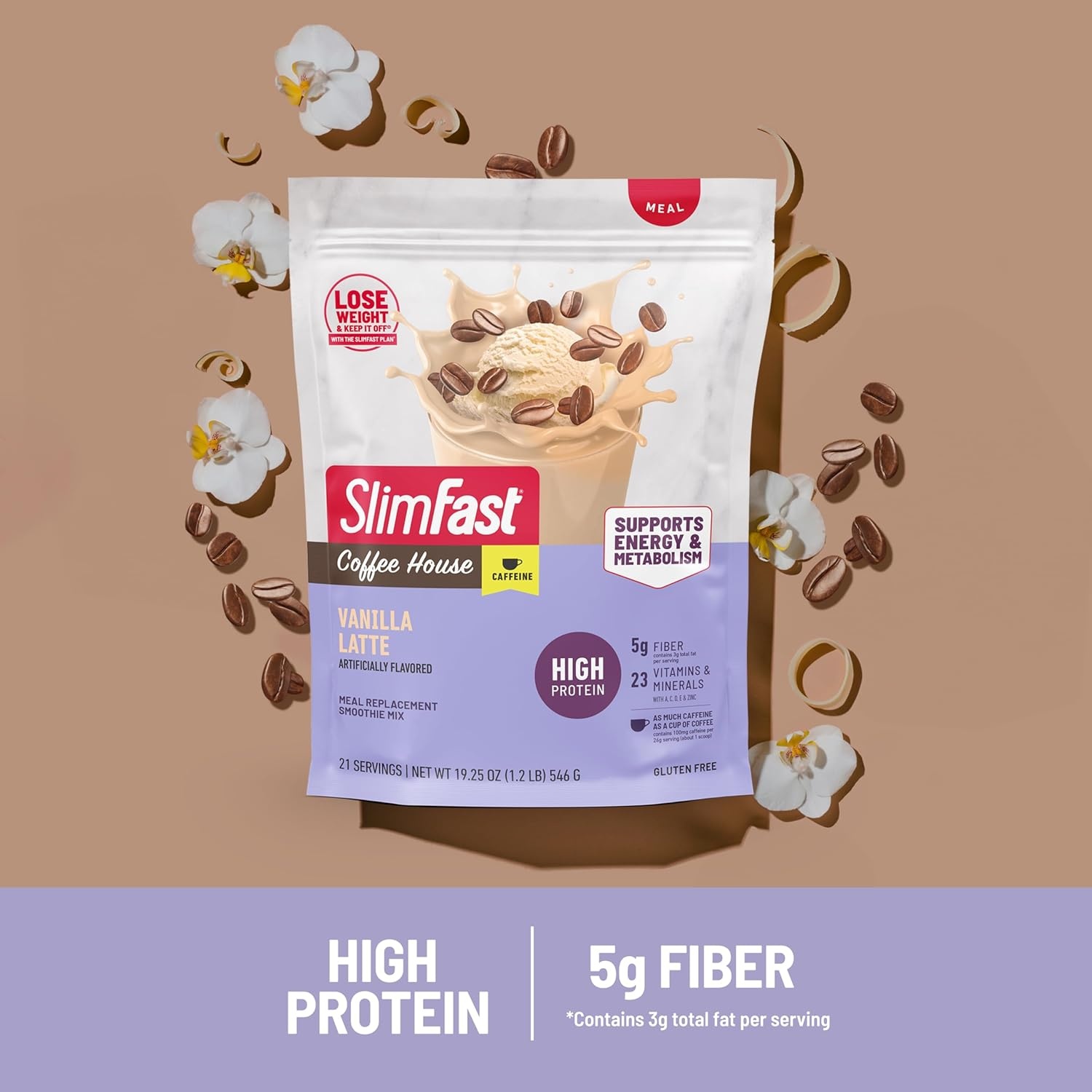 image:imageSlimFast High Protein Smoothie Mix Plus Fruit Powder High Protein Meal Replacement Powder Fiber Vitamin C 21 Servings 129 Pounds Triple Berry Vanilla Packaging May VaryVanilla Latte