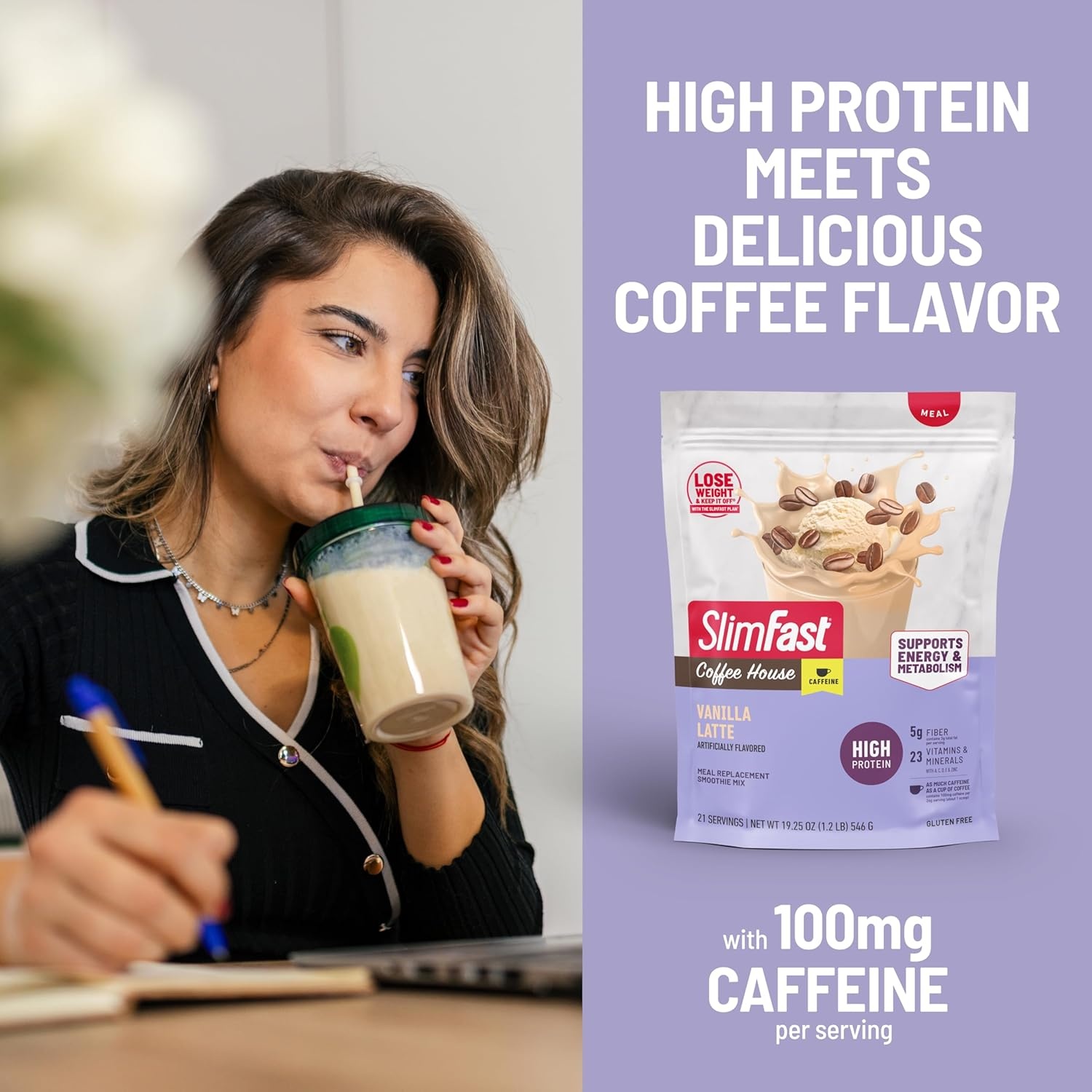image:imageSlimFast High Protein Smoothie Mix Plus Fruit Powder High Protein Meal Replacement Powder Fiber Vitamin C 21 Servings 129 Pounds Triple Berry Vanilla Packaging May VaryVanilla Latte
