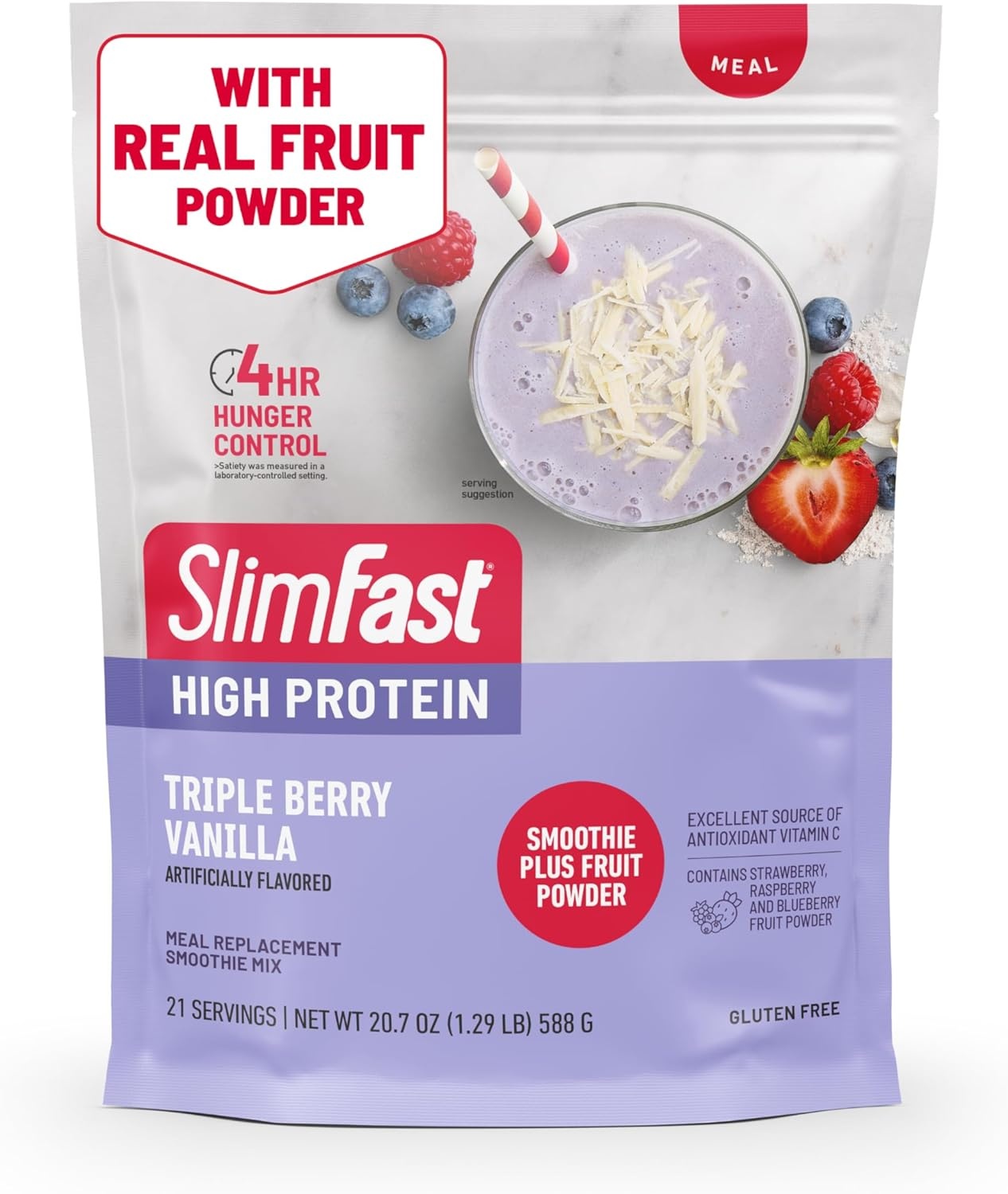 image:imageSlimFast High Protein Smoothie Mix Plus Fruit Powder High Protein Meal Replacement Powder Fiber Vitamin C 21 Servings 129 Pounds Triple Berry Vanilla Packaging May VaryTriple Berry Vanilla