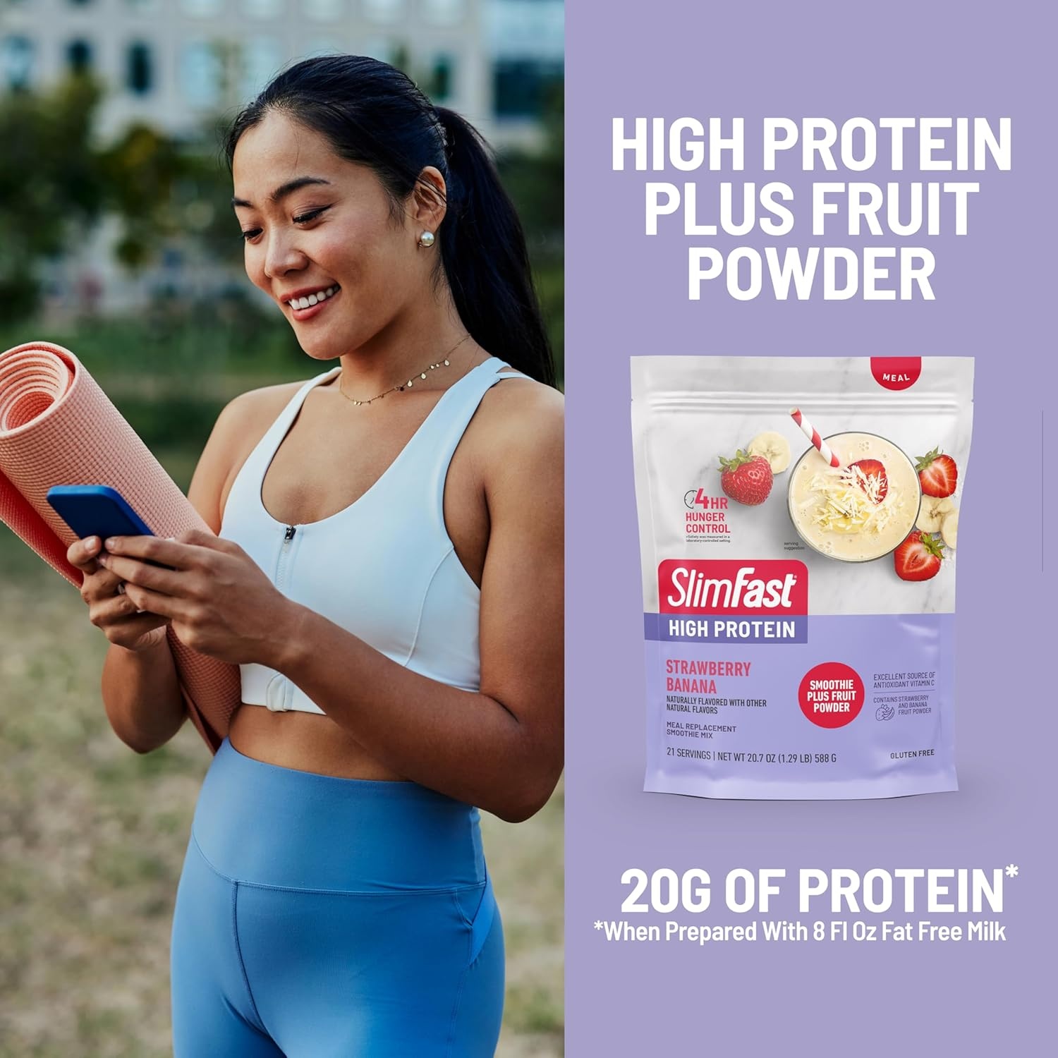 image:imageSlimFast High Protein Smoothie Mix Plus Fruit Powder High Protein Meal Replacement Powder Fiber Vitamin C 21 Servings 129 Pounds Triple Berry Vanilla Packaging May VaryStrawberry Banana