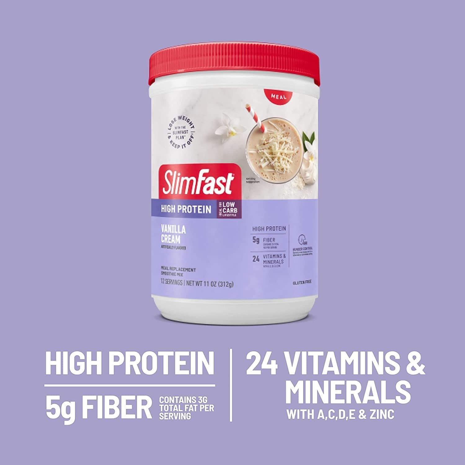 image:imageSlimFast High Protein Smoothie Mix Plus Fruit Powder High Protein Meal Replacement Powder Fiber Vitamin C 21 Servings 129 Pounds Triple Berry Vanilla Packaging May VaryVanilla Cream