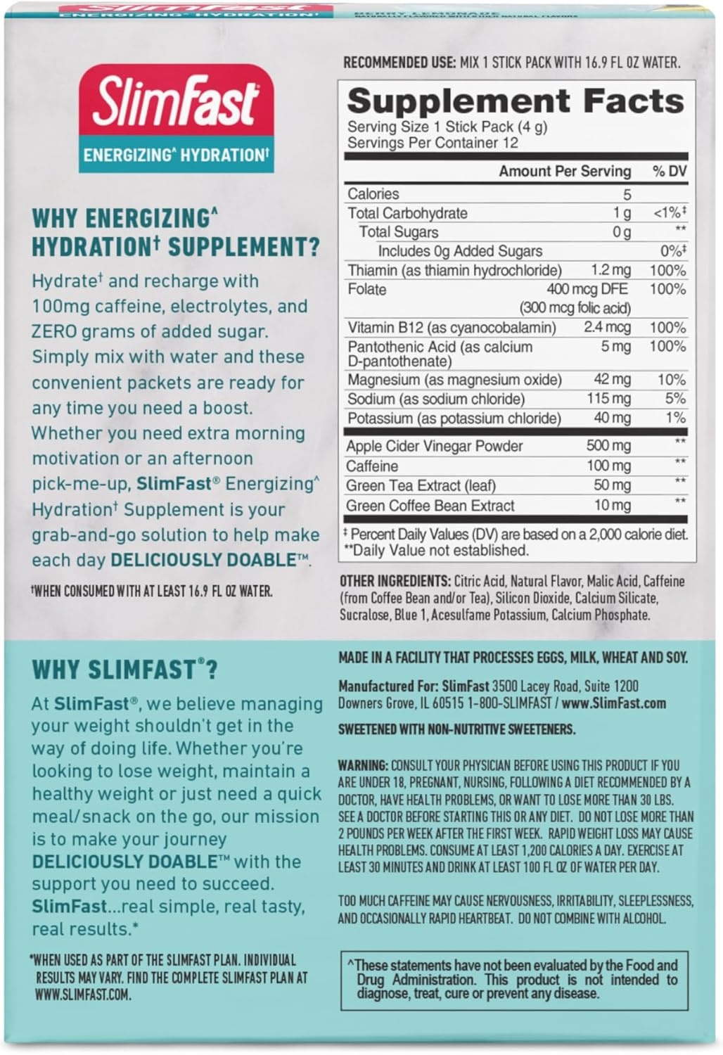 image:imageSlimFast Hydration Packets Intermittent Fasting Electrolytes Intermittent Fasting Powder Energy Powder Drink Mix Caffeine Electrolytes for Hydration Berry Lemonade 12 Count Pack of 2Berry Lemonade