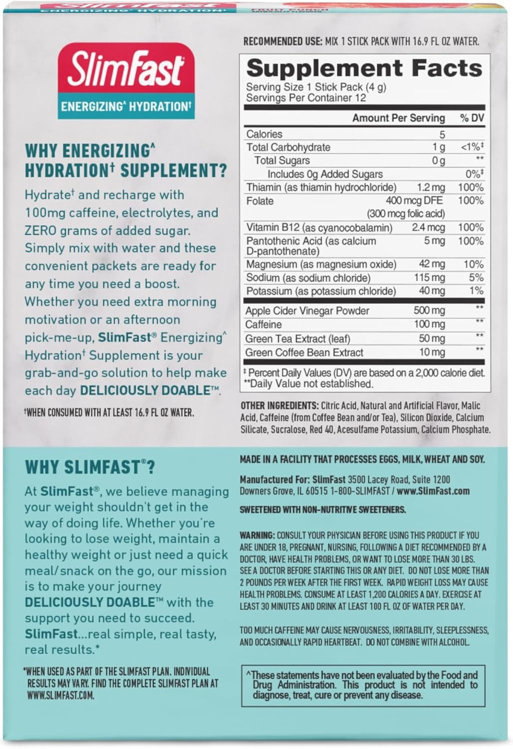 image:imageSlimFast Hydration Packets Intermittent Fasting Electrolytes Intermittent Fasting Powder Energy Powder Drink Mix Caffeine Electrolytes for Hydration Berry Lemonade 12 Count Pack of 2Fruit Punch