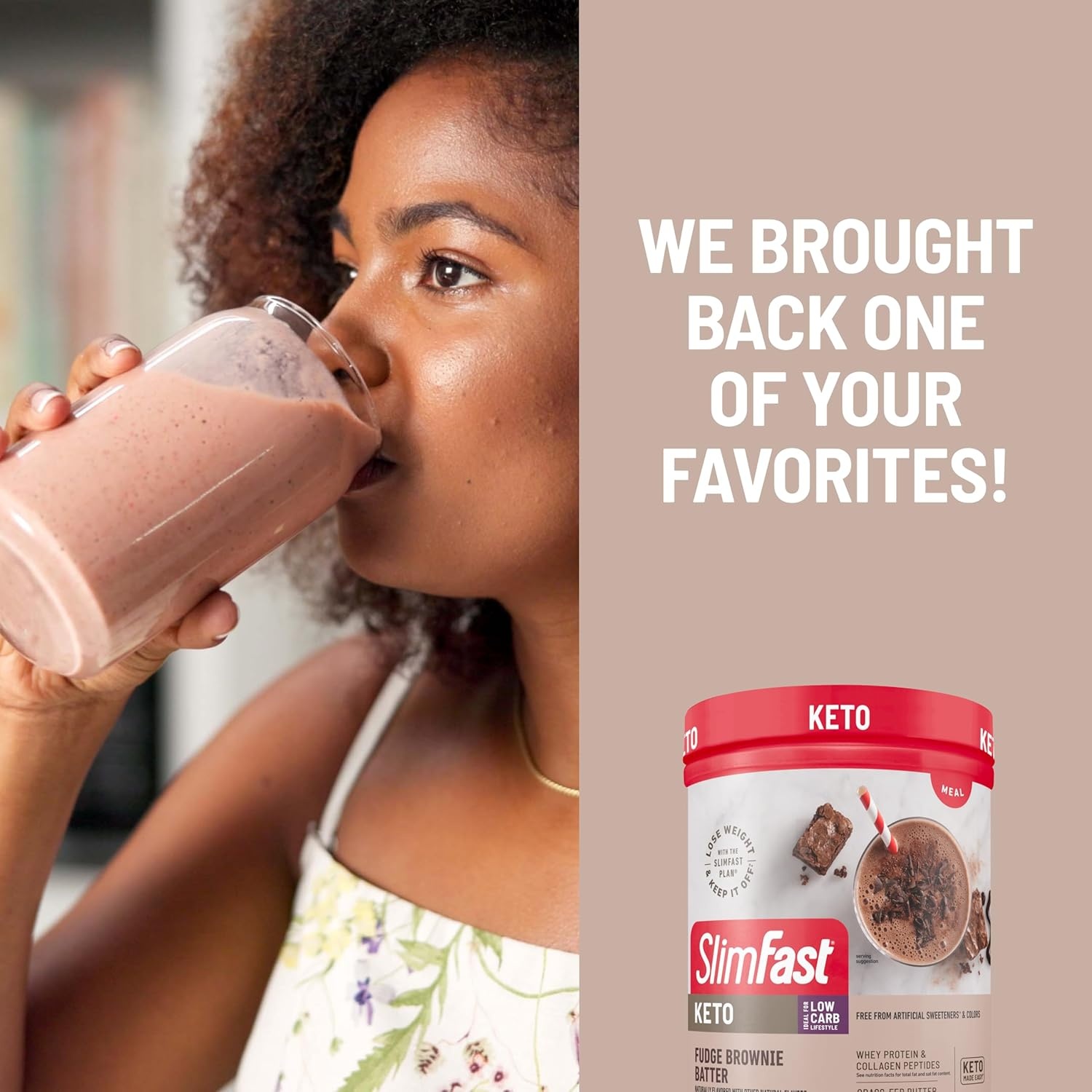 image:imageSlimFast Keto Meal Replacement Powder Keto Meal Replacement Shake Low Carb Whey Protein Collagen Protein Grass Fed Butter Weight Loss Shakes Powder Gluten Free Vanilla Cake Batter 10 ServingsFudge Brownie Batter