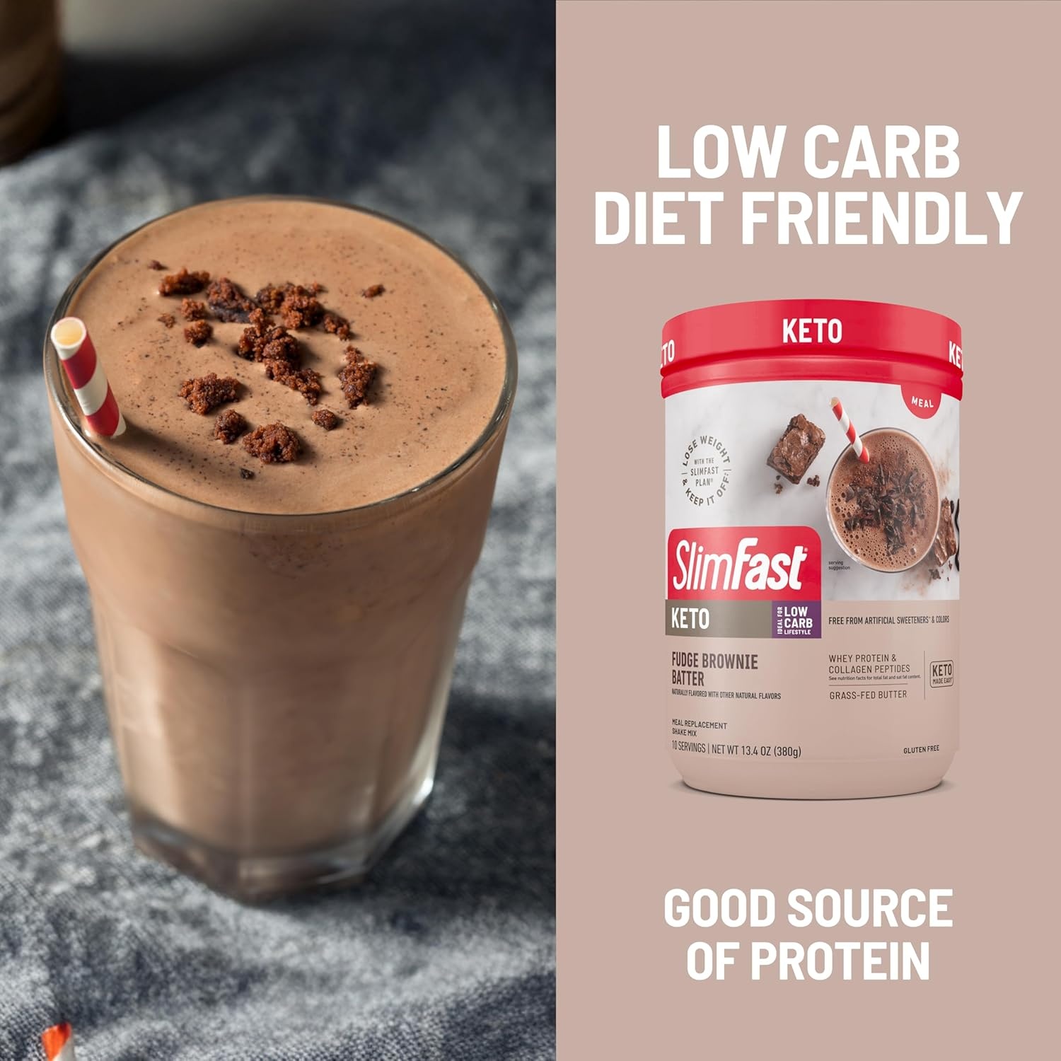 image:imageSlimFast Keto Meal Replacement Powder Keto Meal Replacement Shake Low Carb Whey Protein Collagen Protein Grass Fed Butter Weight Loss Shakes Powder Gluten Free Vanilla Cake Batter 10 ServingsFudge Brownie Batter