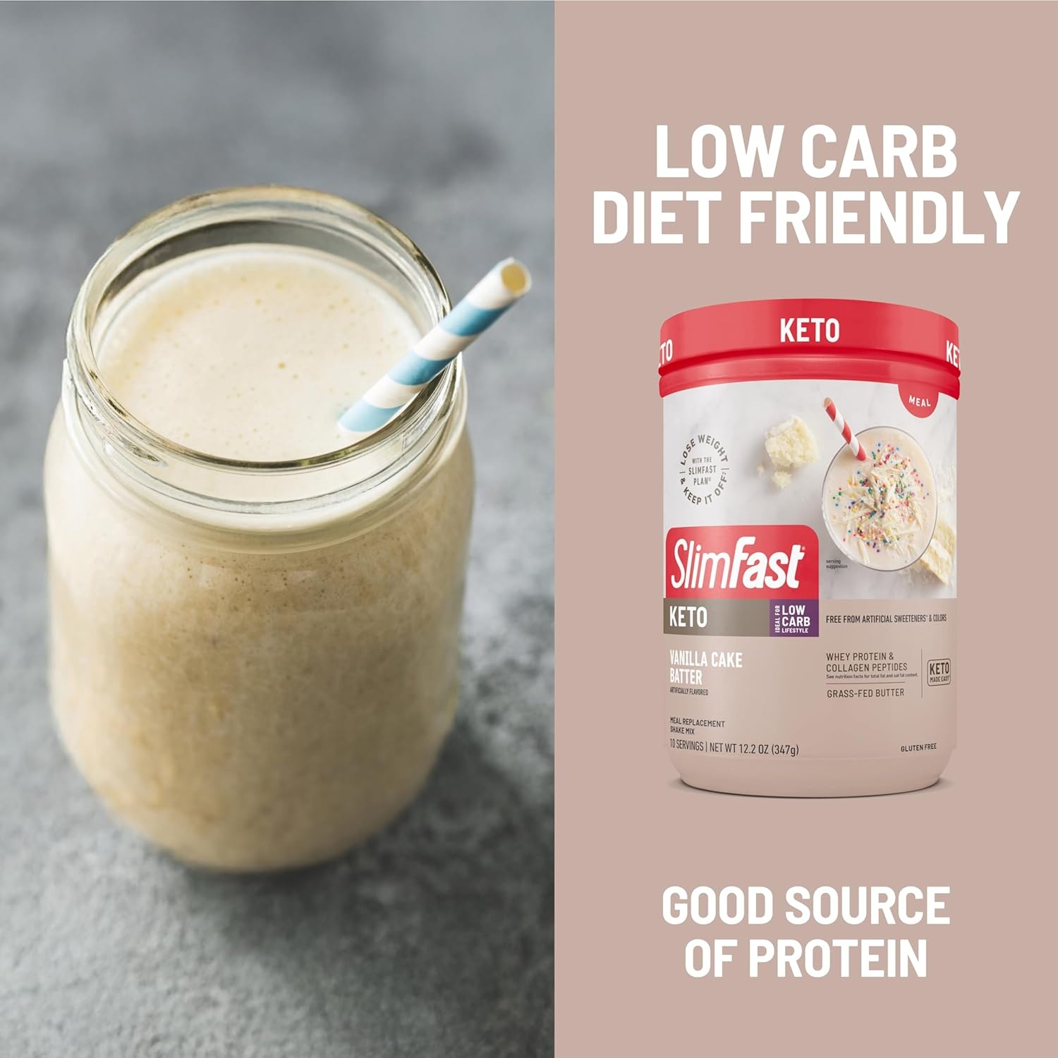 image:imageSlimFast Keto Meal Replacement Powder Keto Meal Replacement Shake Low Carb Whey Protein Collagen Protein Grass Fed Butter Weight Loss Shakes Powder Gluten Free Vanilla Cake Batter 10 ServingsVanilla Cake Batter