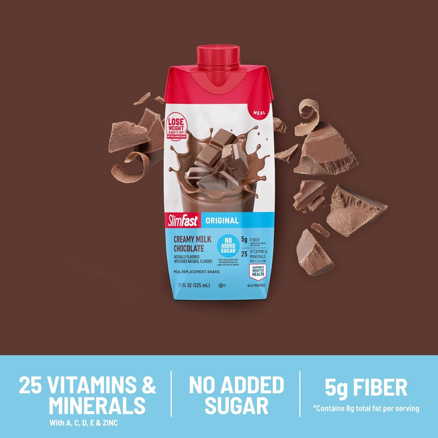 image:imageSlimFast Meal Replacement Shake Original Creamy Milk Chocolate No Added Sugar Meal Replacement Shakes 10g Ready to Drink Protein 5g Fiber 25 Vitamins and Minerals 11 Fl Oz 12 CountCreamy Milk Chocolate