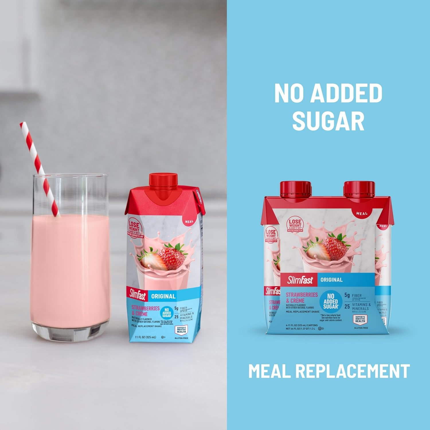 image:imageSlimFast Meal Replacement Shake Original Creamy Milk Chocolate No Added Sugar Meal Replacement Shakes 10g Ready to Drink Protein 5g Fiber 25 Vitamins and Minerals 11 Fl Oz 12 CountStrawberries Crme