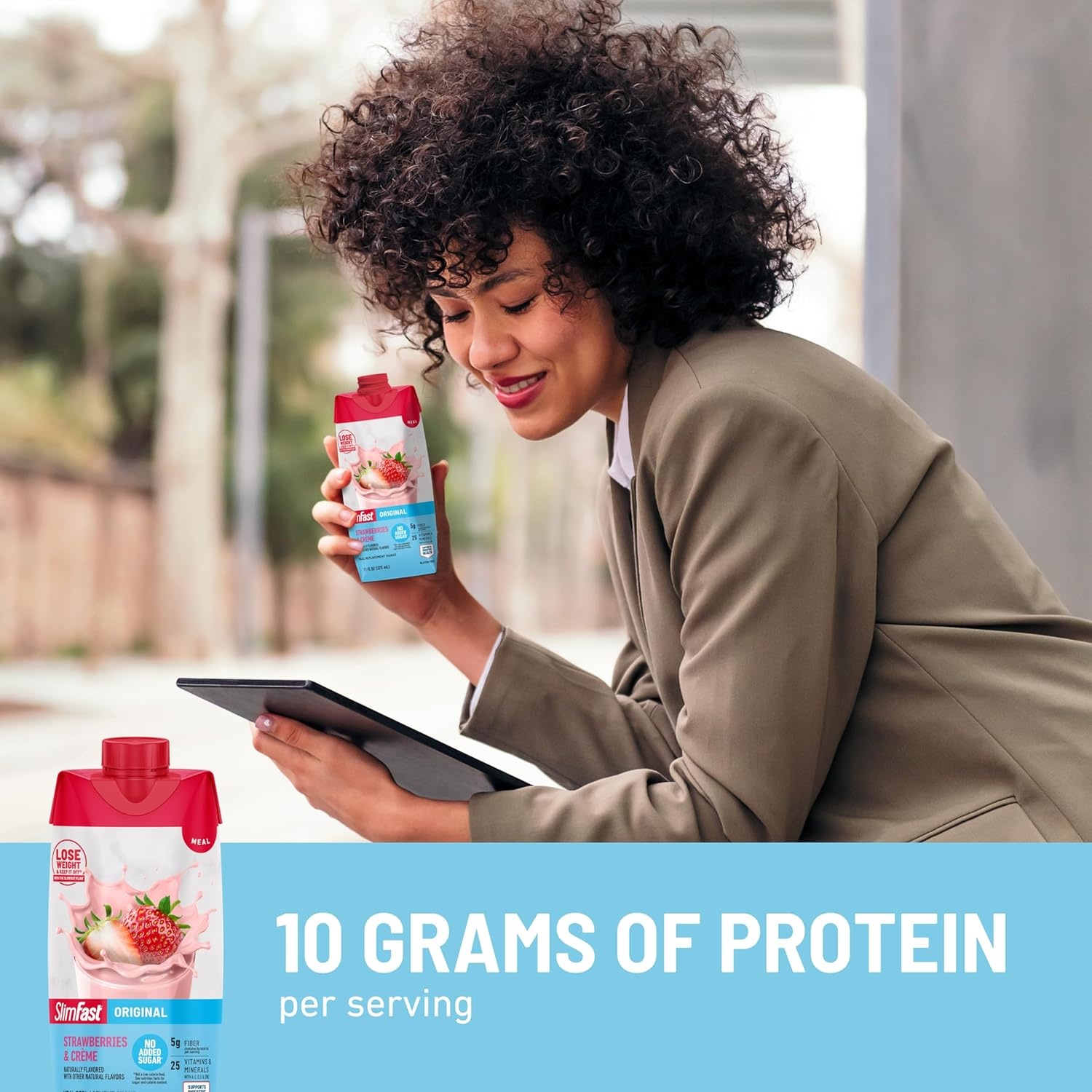 image:imageSlimFast Meal Replacement Shake Original Creamy Milk Chocolate No Added Sugar Meal Replacement Shakes 10g Ready to Drink Protein 5g Fiber 25 Vitamins and Minerals 11 Fl Oz 12 CountStrawberries Crme