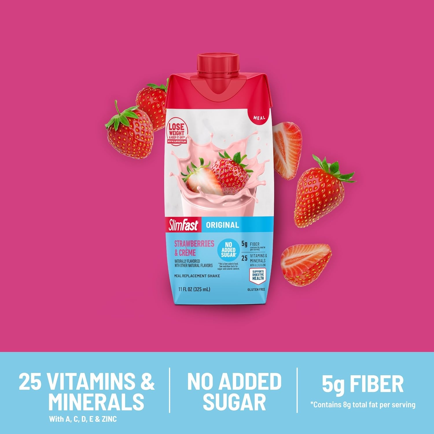 image:imageSlimFast Meal Replacement Shake Original Creamy Milk Chocolate No Added Sugar Meal Replacement Shakes 10g Ready to Drink Protein 5g Fiber 25 Vitamins and Minerals 11 Fl Oz 12 CountStrawberries Crme