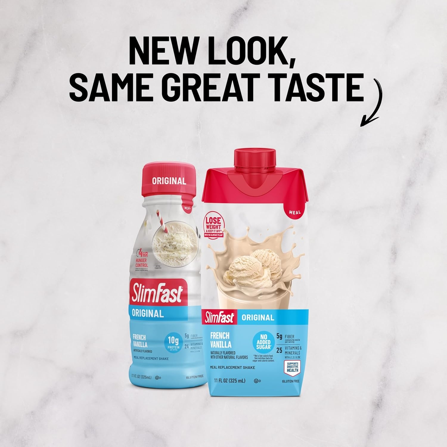 image:imageSlimFast Meal Replacement Shake Original Creamy Milk Chocolate No Added Sugar Meal Replacement Shakes 10g Ready to Drink Protein 5g Fiber 25 Vitamins and Minerals 11 Fl Oz 12 CountFrench Vanilla
