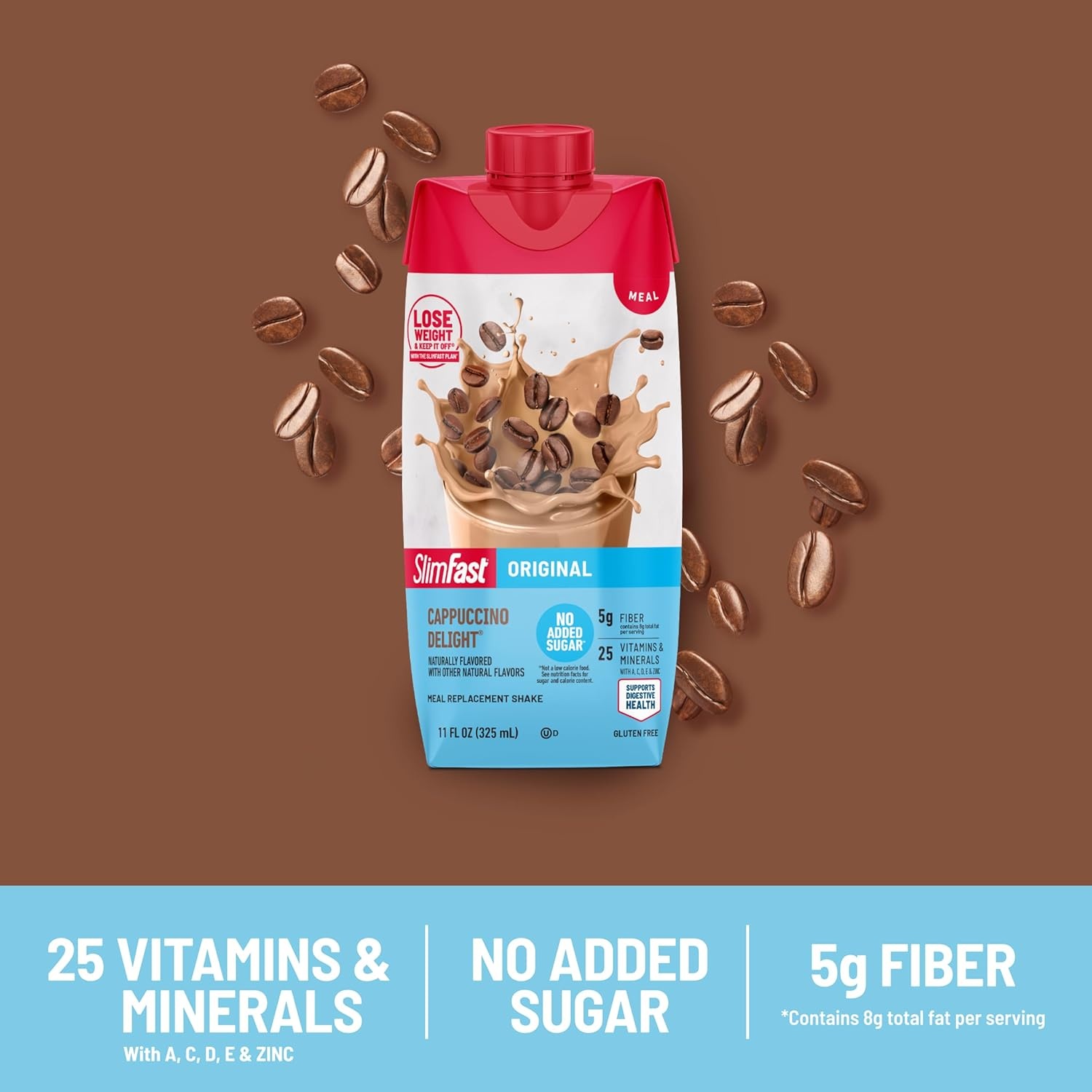 image:imageSlimFast Meal Replacement Shake Original Creamy Milk Chocolate No Added Sugar Meal Replacement Shakes 10g Ready to Drink Protein 5g Fiber 25 Vitamins and Minerals 11 Fl Oz 12 CountCappuccino Delight