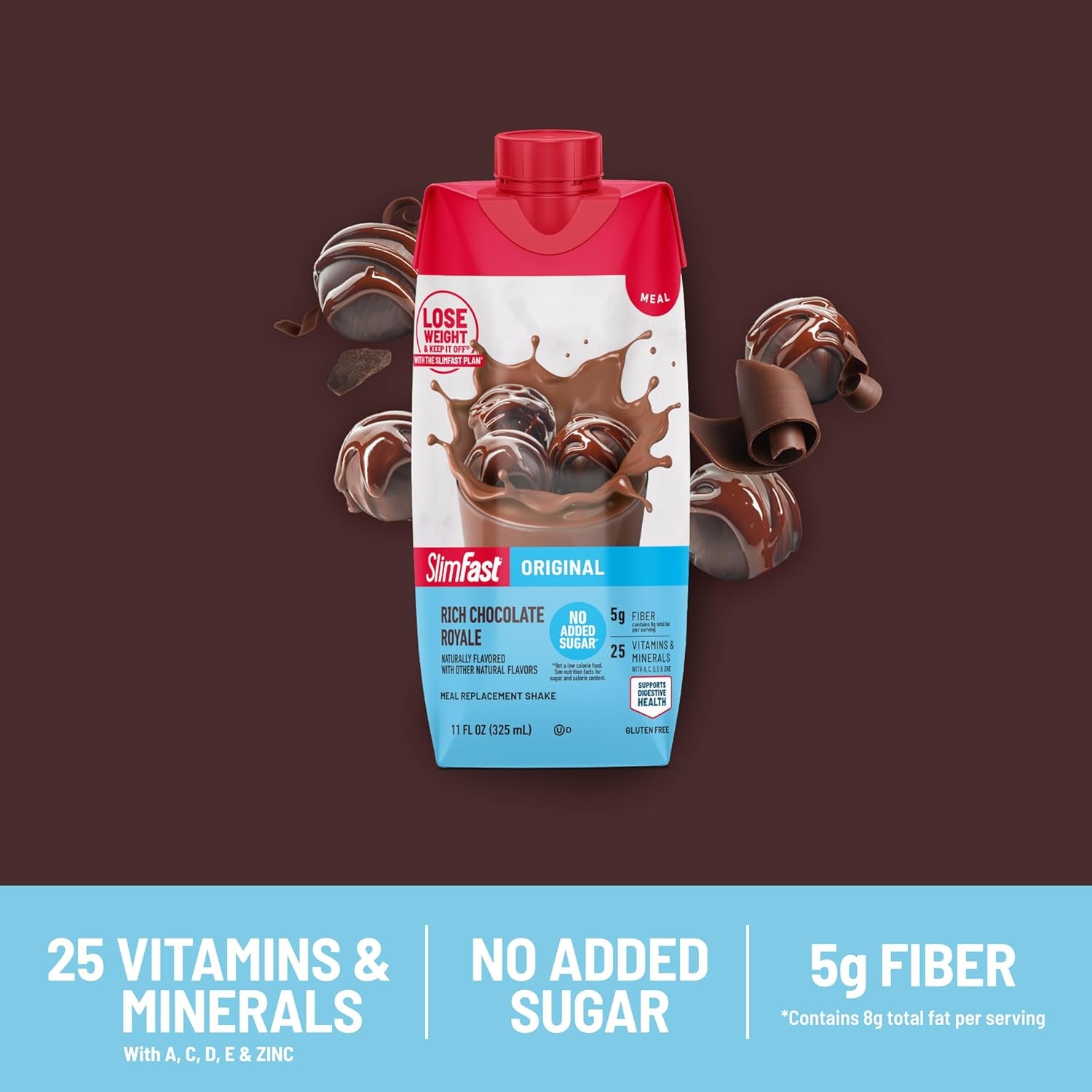 image:imageSlimFast Meal Replacement Shake Original Creamy Milk Chocolate No Added Sugar Meal Replacement Shakes 10g Ready to Drink Protein 5g Fiber 25 Vitamins and Minerals 11 Fl Oz 12 CountRich Chocolate Royale
