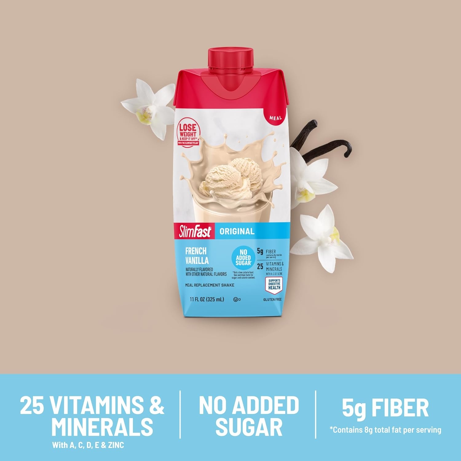 image:imageSlimFast Meal Replacement Shake Original Creamy Milk Chocolate No Added Sugar Meal Replacement Shakes 10g Ready to Drink Protein 5g Fiber 25 Vitamins and Minerals 11 Fl Oz 12 CountFrench Vanilla