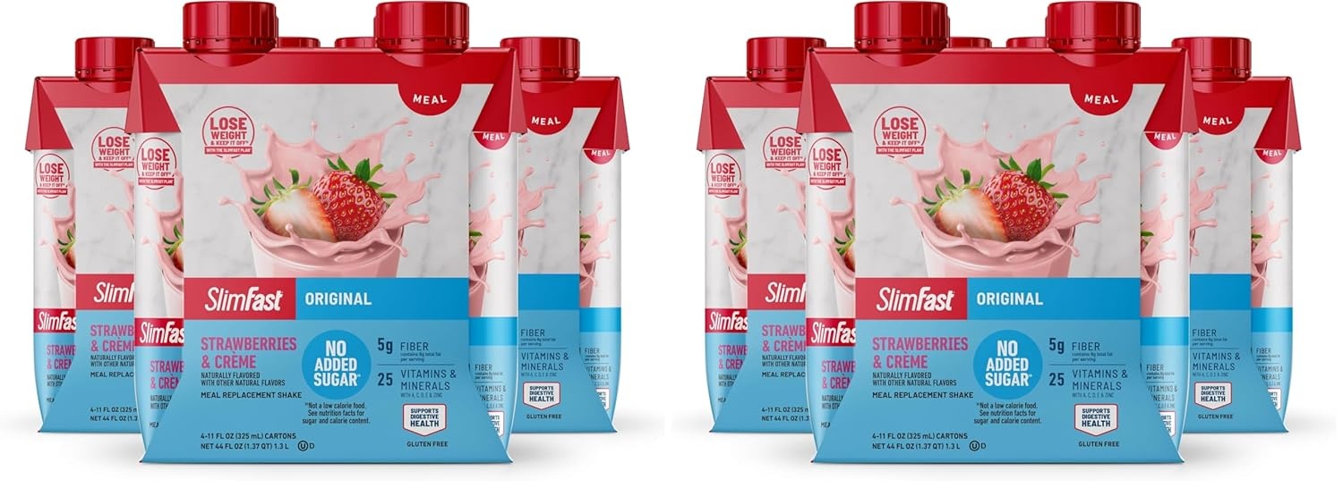 image:imageSlimFast Meal Replacement Shake Original Creamy Milk Chocolate No Added Sugar Meal Replacement Shakes 10g Ready to Drink Protein 5g Fiber 25 Vitamins and Minerals 11 Fl Oz 12 CountStrawberries Crme