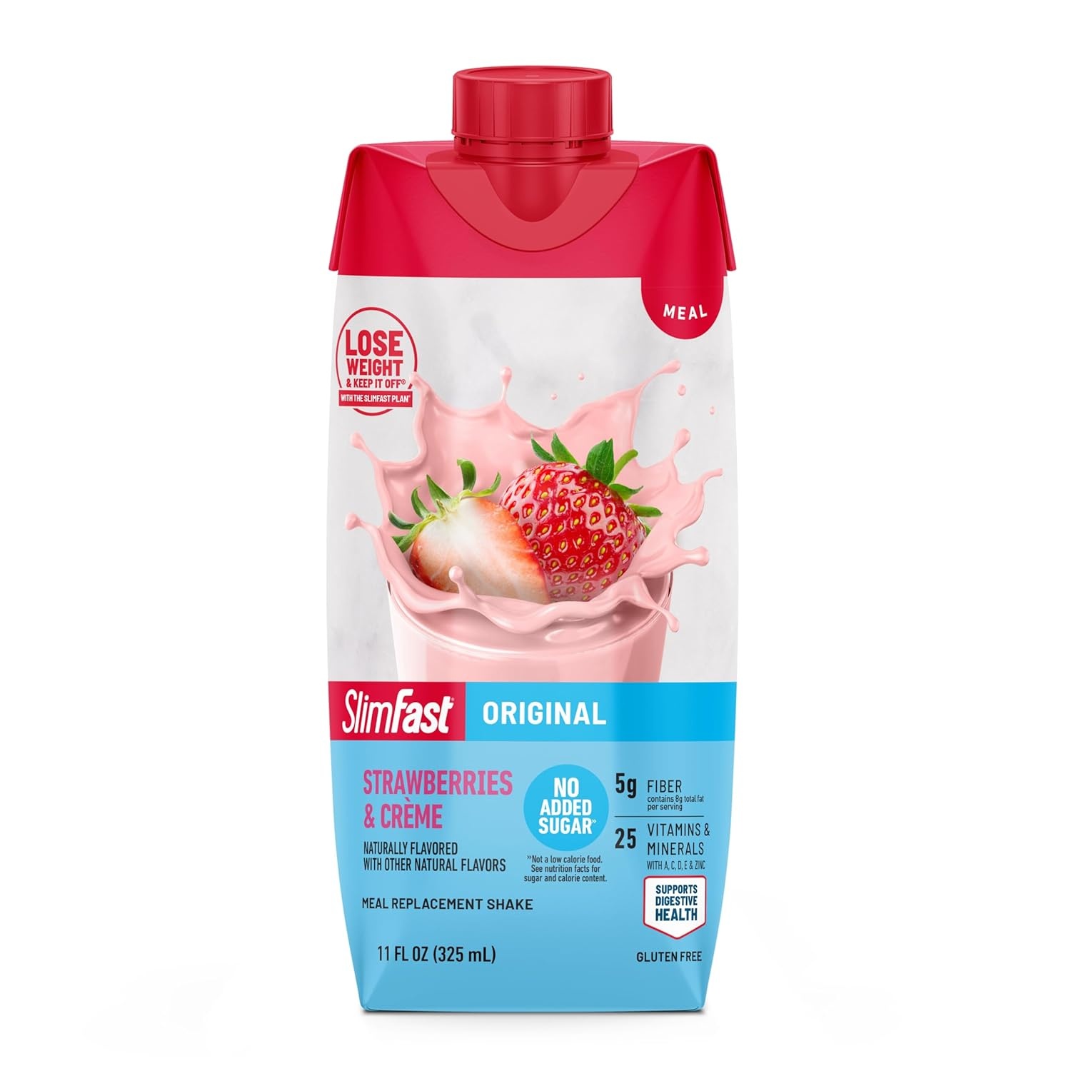 image:imageSlimFast Meal Replacement Shake Original Creamy Milk Chocolate No Added Sugar Meal Replacement Shakes 10g Ready to Drink Protein 5g Fiber 25 Vitamins and Minerals 11 Fl Oz 12 CountStrawberries Crme