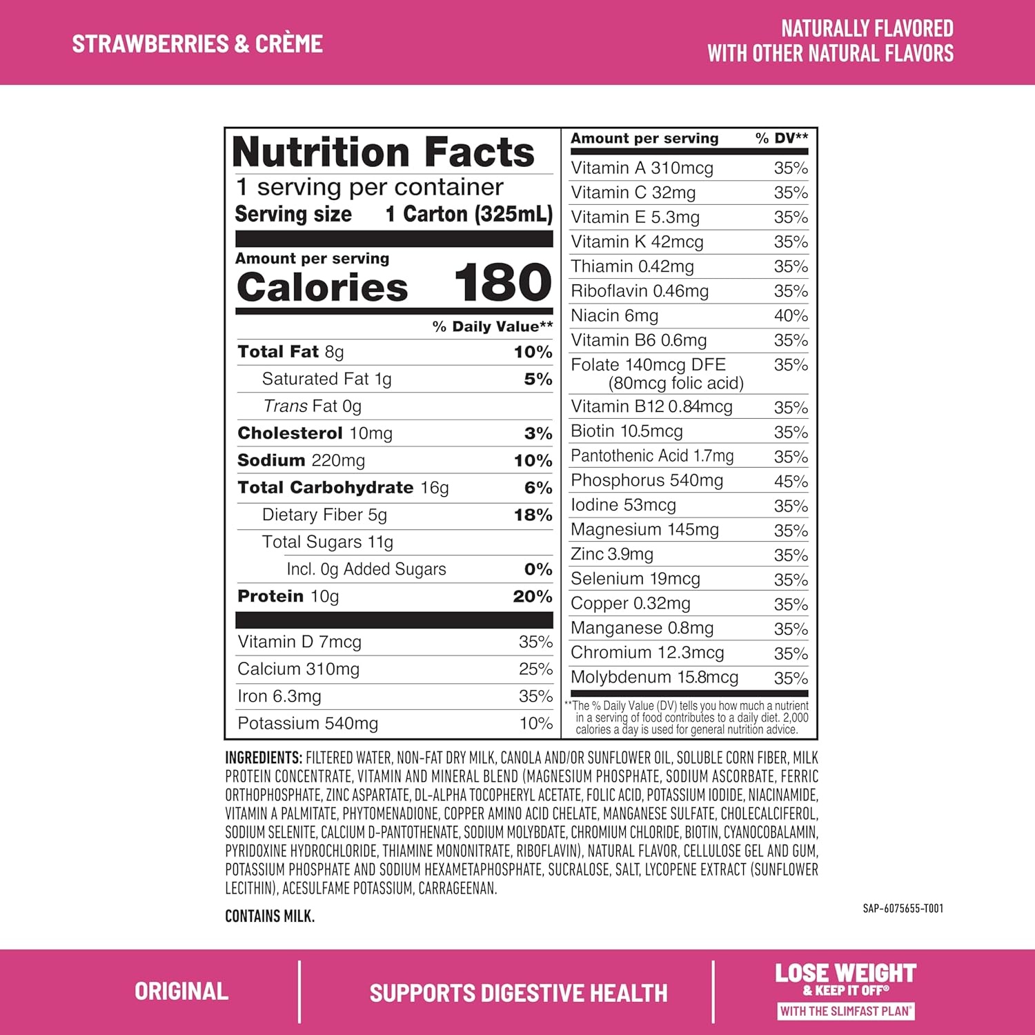 image:imageSlimFast Meal Replacement Shake Original Creamy Milk Chocolate No Added Sugar Meal Replacement Shakes 10g Ready to Drink Protein 5g Fiber 25 Vitamins and Minerals 11 Fl Oz 12 CountStrawberries Crme