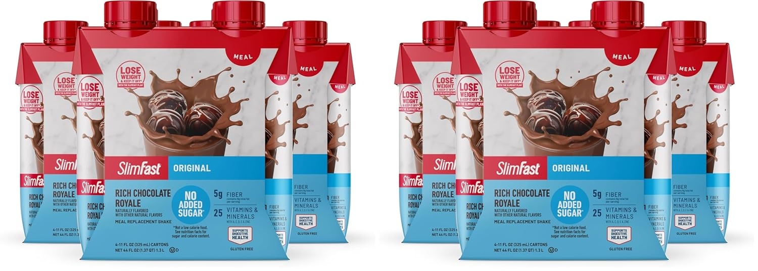 image:imageSlimFast Meal Replacement Shake Original Creamy Milk Chocolate No Added Sugar Meal Replacement Shakes 10g Ready to Drink Protein 5g Fiber 25 Vitamins and Minerals 11 Fl Oz 12 CountRich Chocolate Royale