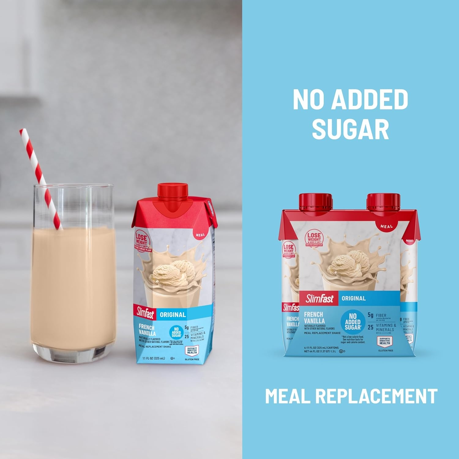 image:imageSlimFast Meal Replacement Shake Original Creamy Milk Chocolate No Added Sugar Meal Replacement Shakes 10g Ready to Drink Protein 5g Fiber 25 Vitamins and Minerals 11 Fl Oz 12 CountFrench Vanilla