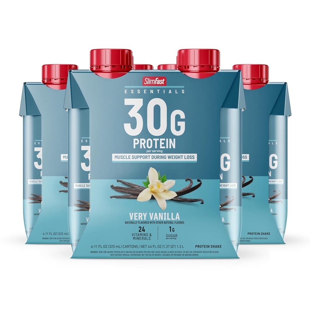 image:imageSlimFast Essentials 30g Protein Shake Chocolate Protein Shakes Ready to Drink Muscle Support 1g Sugar 25 Vitamins and Minerals 3g Net Carbs Ultimate Chocolate 12 CountVanilla