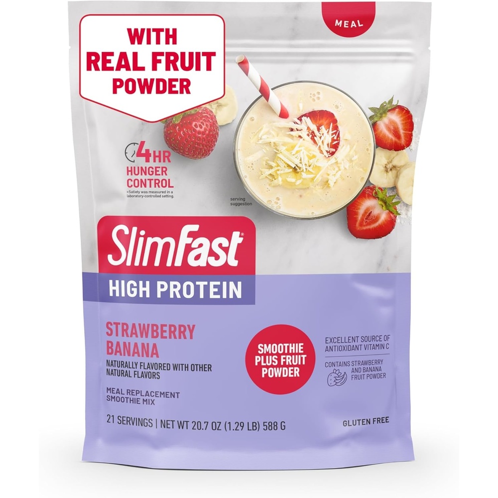 image:imageSlimFast High Protein Smoothie Mix Plus Fruit Powder High Protein Meal Replacement Powder Fiber Vitamin C 21 Servings 129 Pounds Triple Berry Vanilla Packaging May VaryStrawberry Banana
