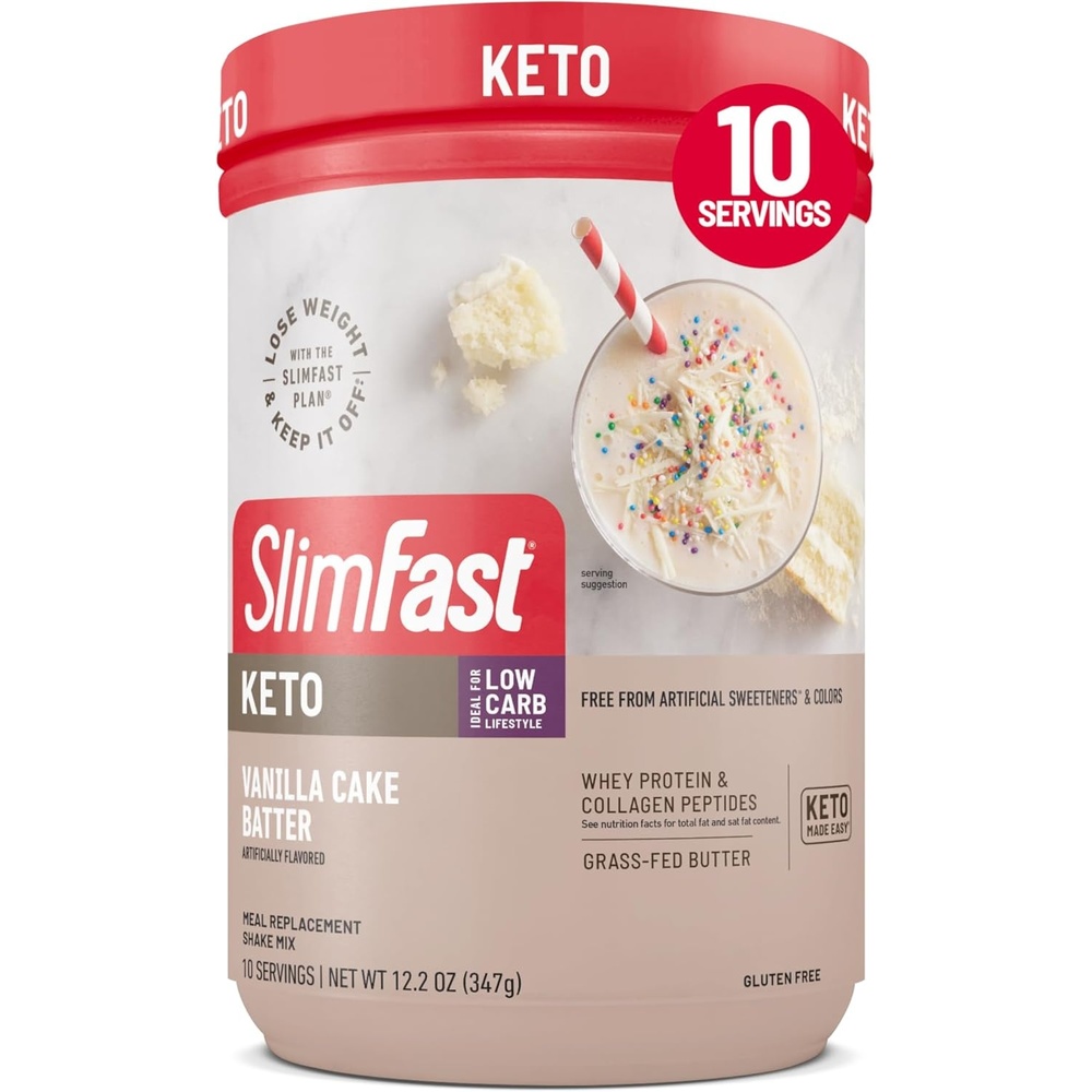 image:imageSlimFast Keto Meal Replacement Powder Keto Meal Replacement Shake Low Carb Whey Protein Collagen Protein Grass Fed Butter Weight Loss Shakes Powder Gluten Free Vanilla Cake Batter 10 ServingsVanilla Cake Batter