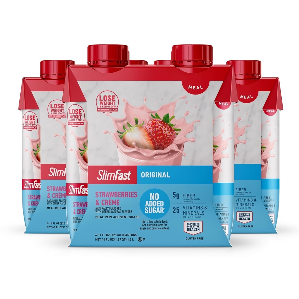 image:imageSlimFast Meal Replacement Shake Original Creamy Milk Chocolate No Added Sugar Meal Replacement Shakes 10g Ready to Drink Protein 5g Fiber 25 Vitamins and Minerals 11 Fl Oz 12 CountStrawberries  Crme
