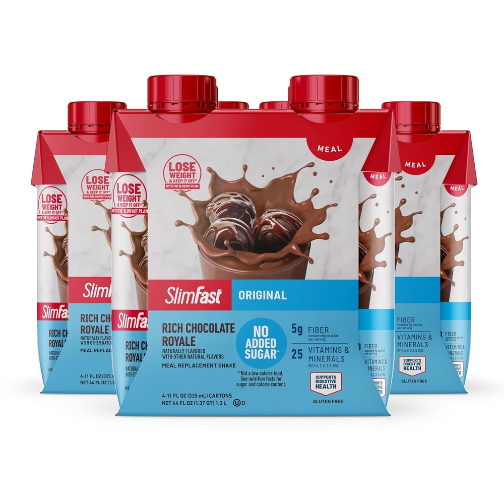 image:imageSlimFast Meal Replacement Shake Original Creamy Milk Chocolate No Added Sugar Meal Replacement Shakes 10g Ready to Drink Protein 5g Fiber 25 Vitamins and Minerals 11 Fl Oz 12 CountRich Chocolate Royale
