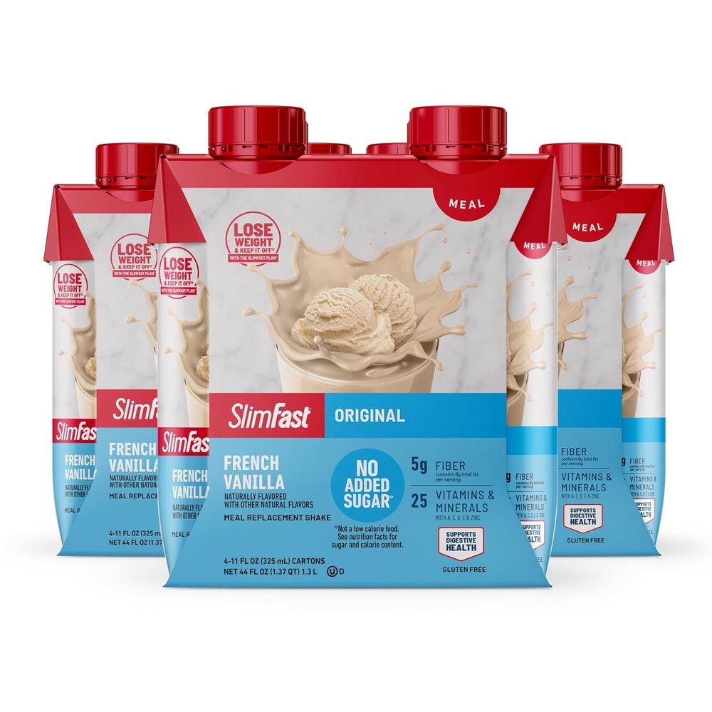 image:imageSlimFast Meal Replacement Shake Original Creamy Milk Chocolate No Added Sugar Meal Replacement Shakes 10g Ready to Drink Protein 5g Fiber 25 Vitamins and Minerals 11 Fl Oz 12 CountFrench Vanilla