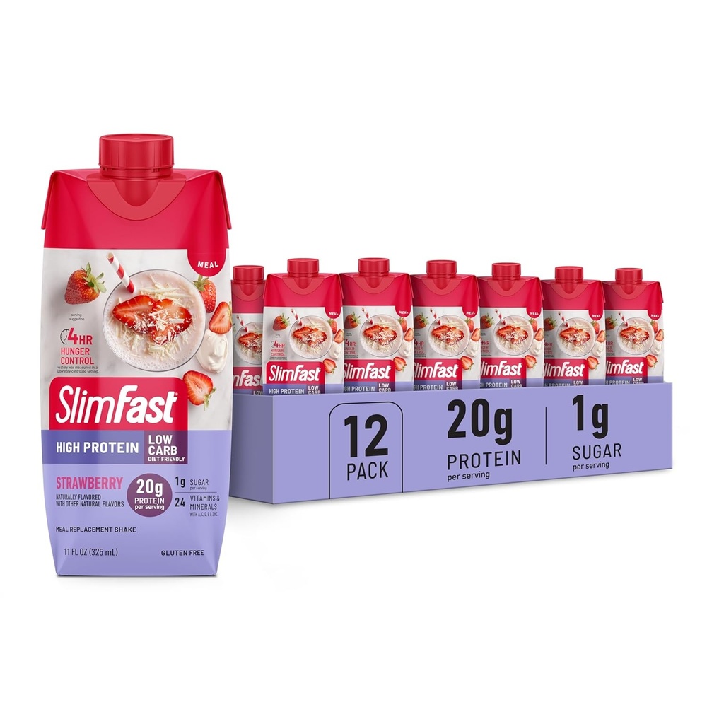 image:imageSlimFast Protein Shake Strawberry 20g Protein Meal Replacement Shake Ready to Drink High Protein with Low Carb and Low Sugar 24 Vitamins and Minerals 12 Count Pack of 1 Packaging May Vary11 Fl Oz Pack of 12