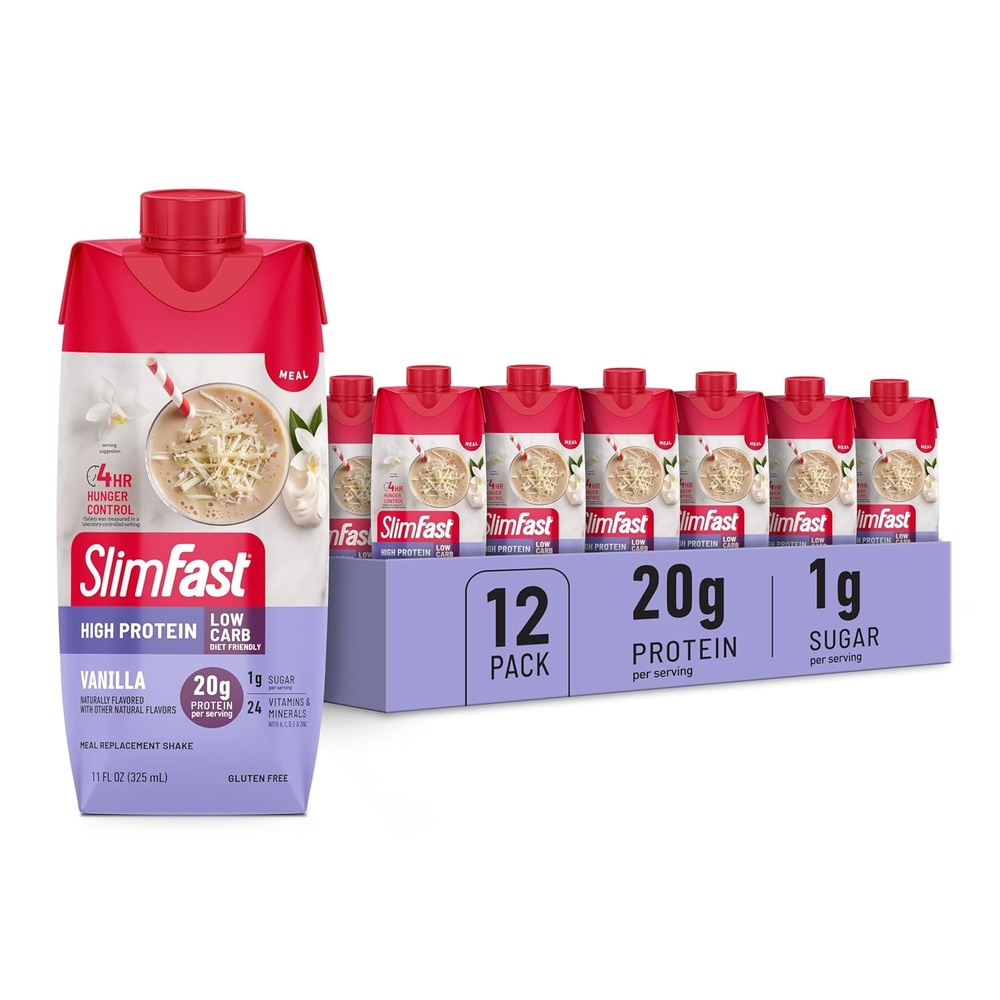 image:imageSlimFast Protein Shake Vanilla 20g Protein Meal Replacement Shake Ready to Drink High Protein with Low Carb and Low Sugar 24 Vitamins and Minerals 12 Count Pack of 1 Packaging May Vary11 Fl Oz Pack of 12