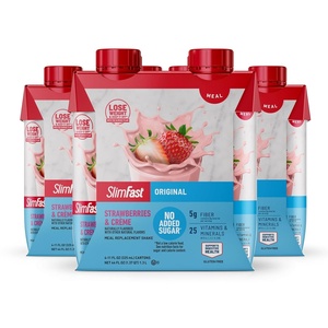 SlimFast Meal Replacement Shake, Original Creamy Milk Chocolate, No Added Sugar, Meal Replacement Shakes, 10g Ready to Drink Protein, 5g Fiber, 25 Vitamins and Minerals, 11 Fl. Oz, 12 Count(Strawberries & Crème)